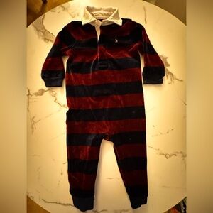 Baby Ralph Lauren Red and Navy velvet Striped Footie